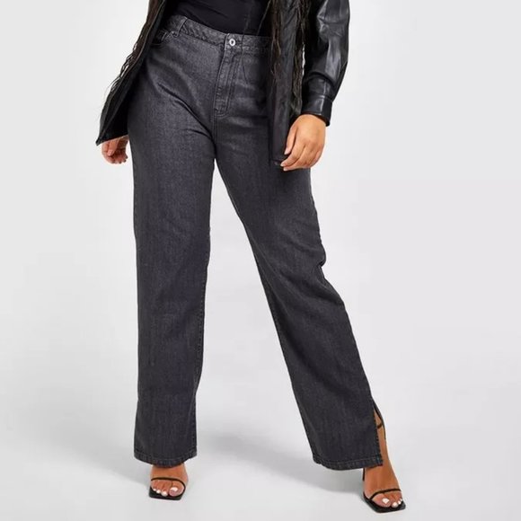 BOOHOO Plus Split Hem Straight Leg Washed Black Jeans - NEW (UK 18 / US 14) - Picture 1 of 16